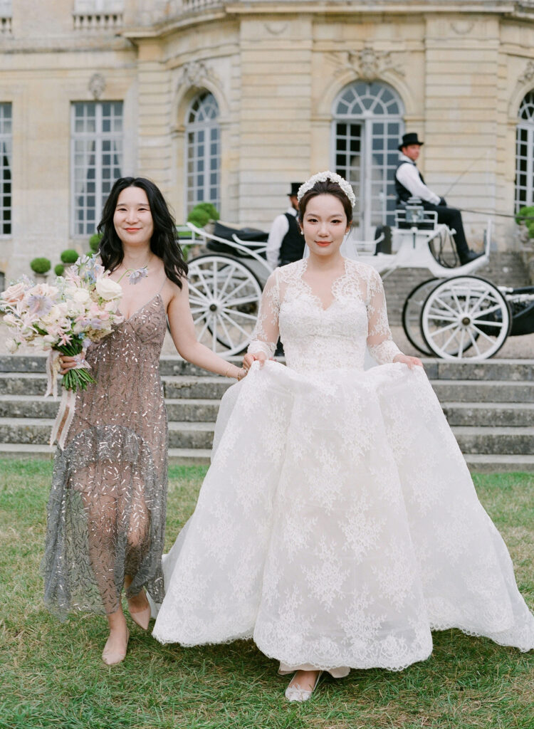 Bride at wedding ceremony at Château de Champlâtreux wedding