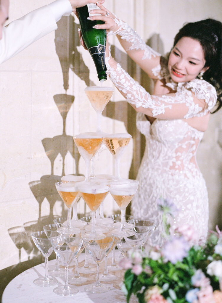 Champagne tower at Château de Champlâtreux wedding